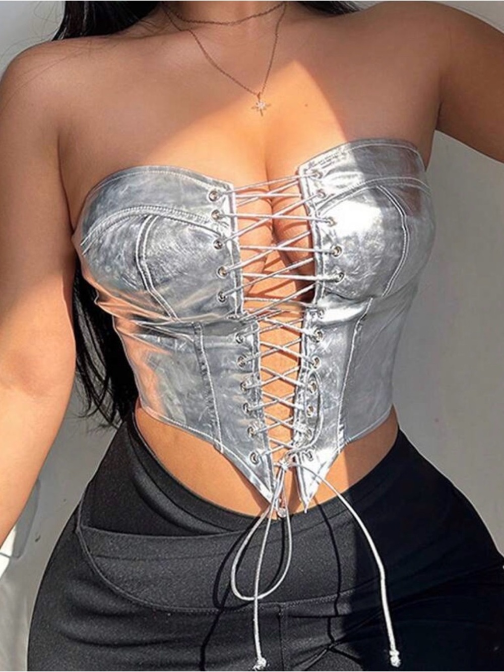 SHEIN Metallic Silver Lace-Up Strapless Corset Crop Top